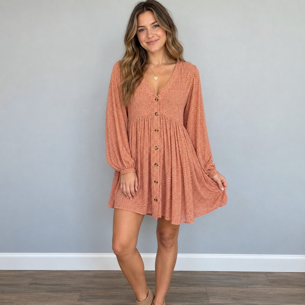 Billabong On The Way Dress Med Ditsy Floral Babydoll Pink Button Front Boho Mini